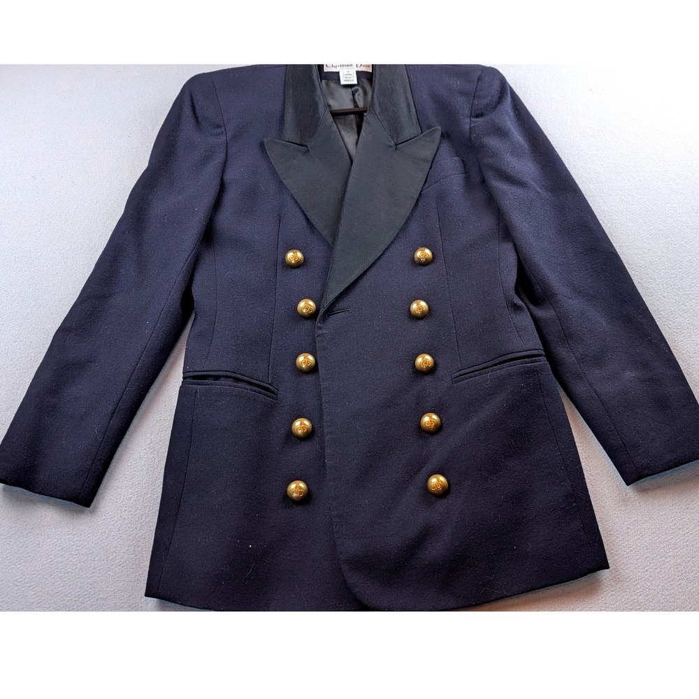 Christian Dior Vintage Navy Worsted Wool Blazer Gold CD Buttons 4 USA Made